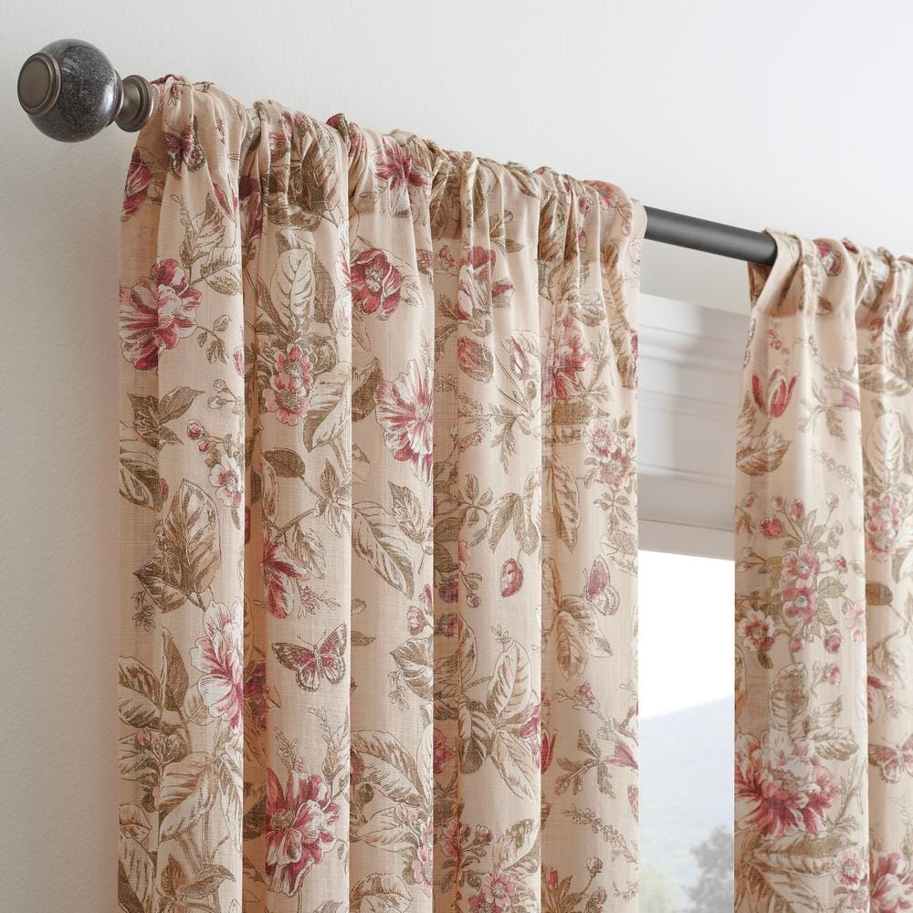 Porch Pavillion Antique Floral Pattern Cotton 50 in. W x 84 in. L Sheer Single Rod Pocket Back Tab Curtain Panel