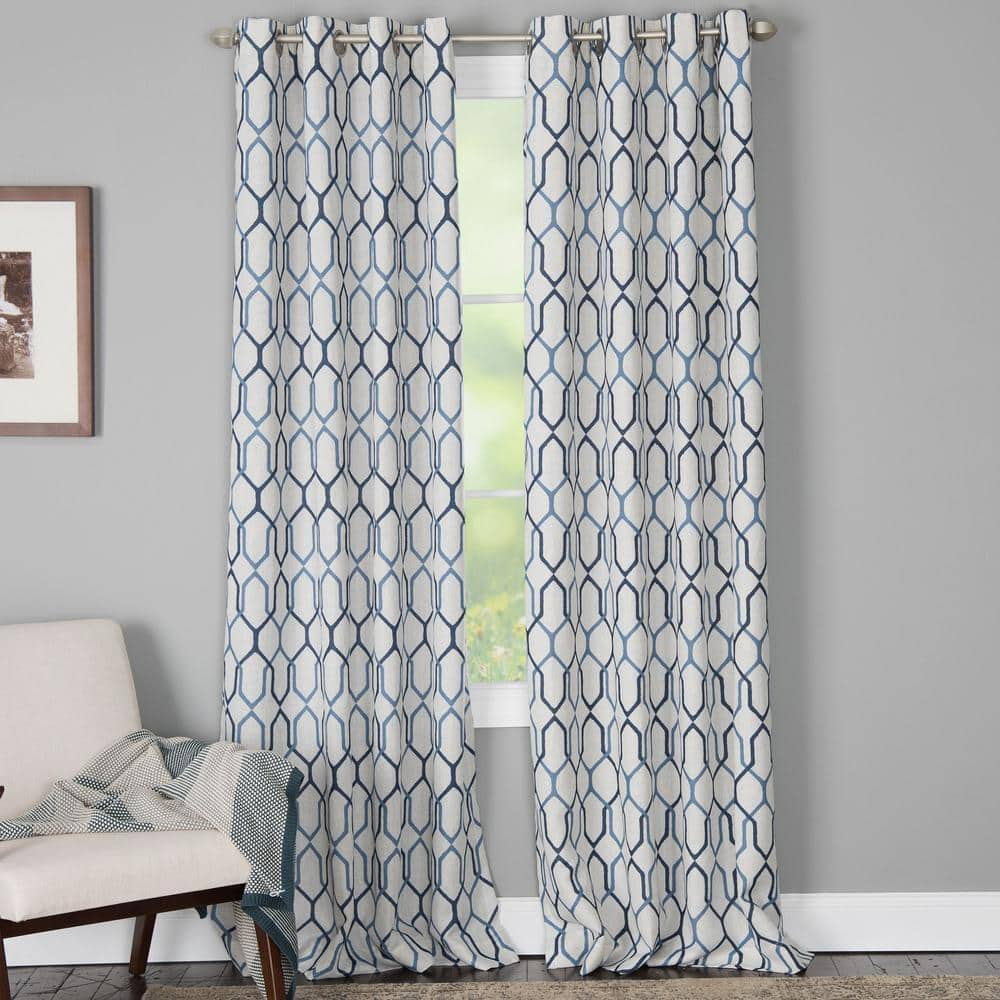 Alain 50 in. W x 95 in. L Ployester and Linen Noise Dampening Window Panel in Blue and Off-White