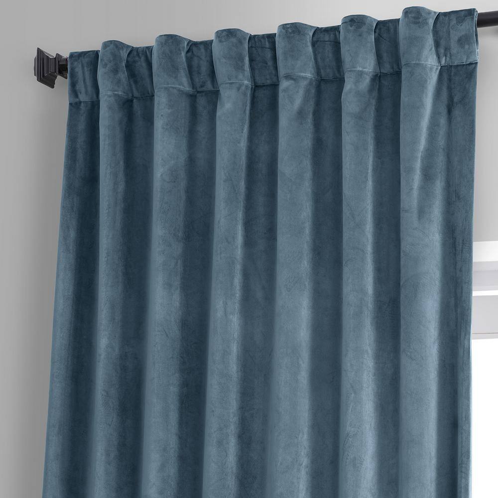 Signature Oxford Blue Plush Velvet Hotel Blackout Rod Pocket Curtain – 50 in. W x 96 in. L (1 Panel)