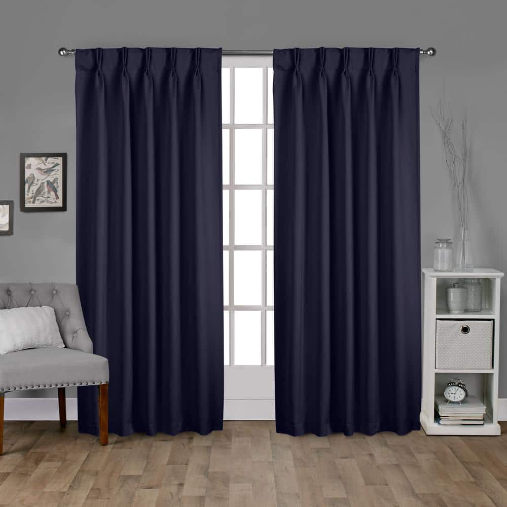 Peacoat Blue Sateen Solid 30 in. W x 84 in. L Noise Cancelling Thermal Pinch Pleat Blackout Curtain (Set of 2)