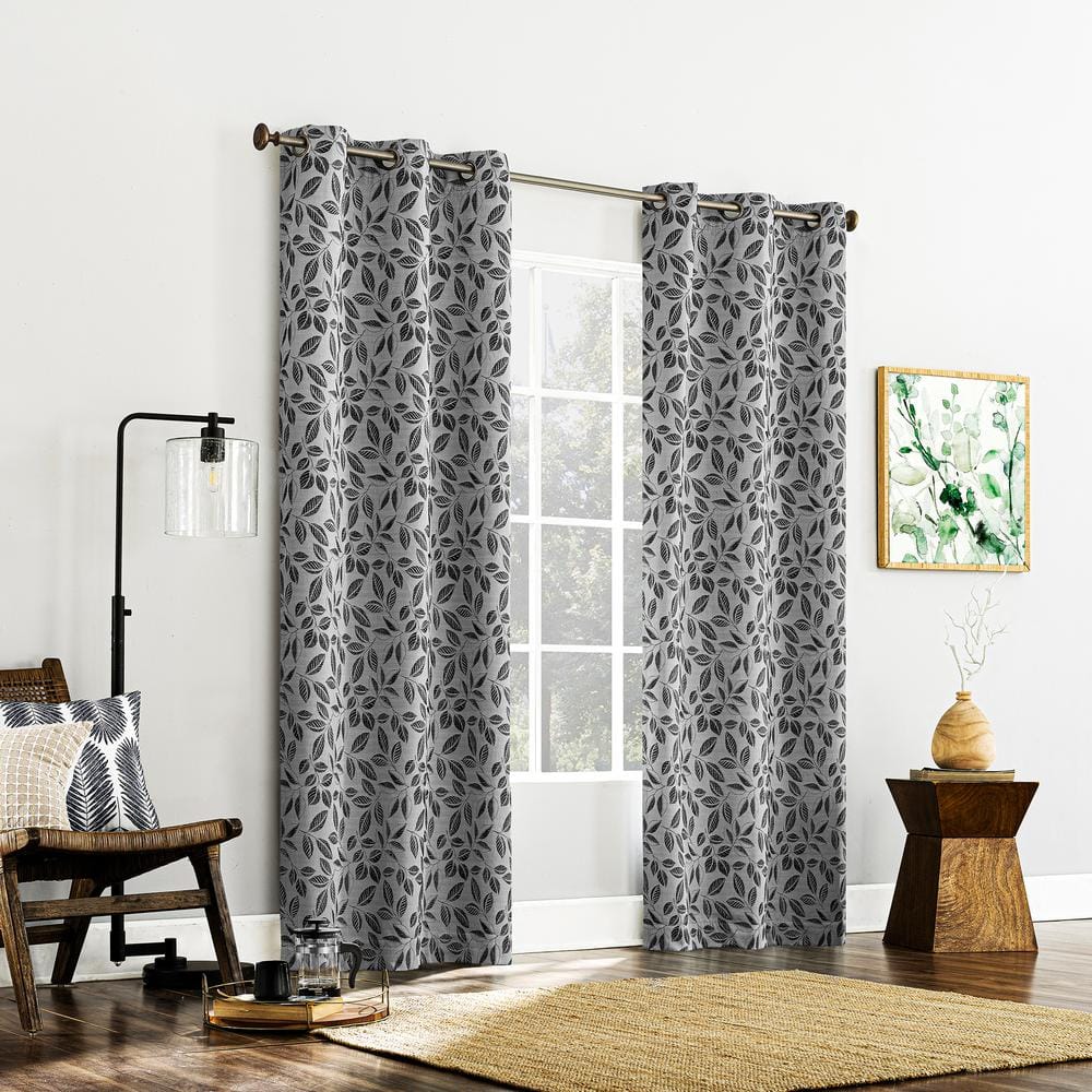 Satti Embroidered Leaf Pearl/Gray Polyester 40 in. W x 84 in. L Grommet 100% Blackout Curtain (Single Panel)