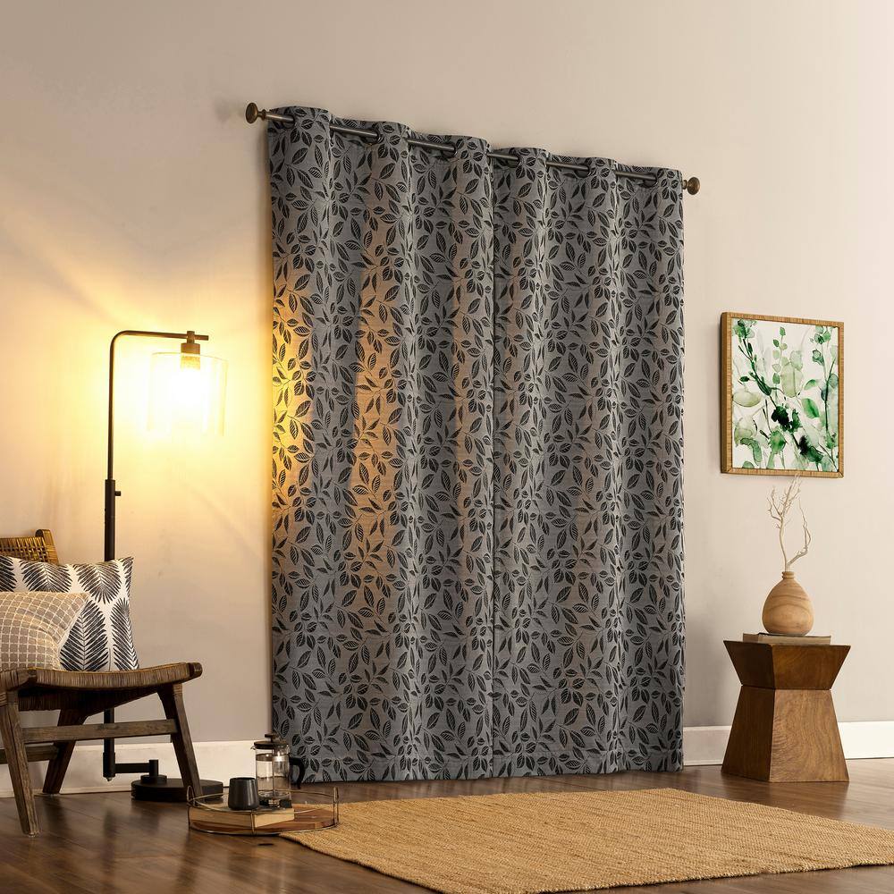 Satti Embroidered Leaf Pearl/Gray Polyester 40 in. W x 84 in. L Grommet 100% Blackout Curtain (Single Panel)