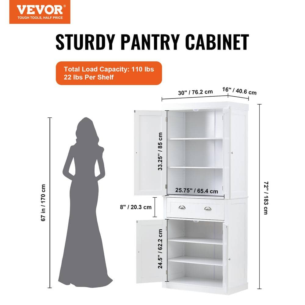 72 in. Storage Freestanding Utility Cabinets with 3 Adjustable Shelves Pearl White Tall Food Buffet Pantry Organizers