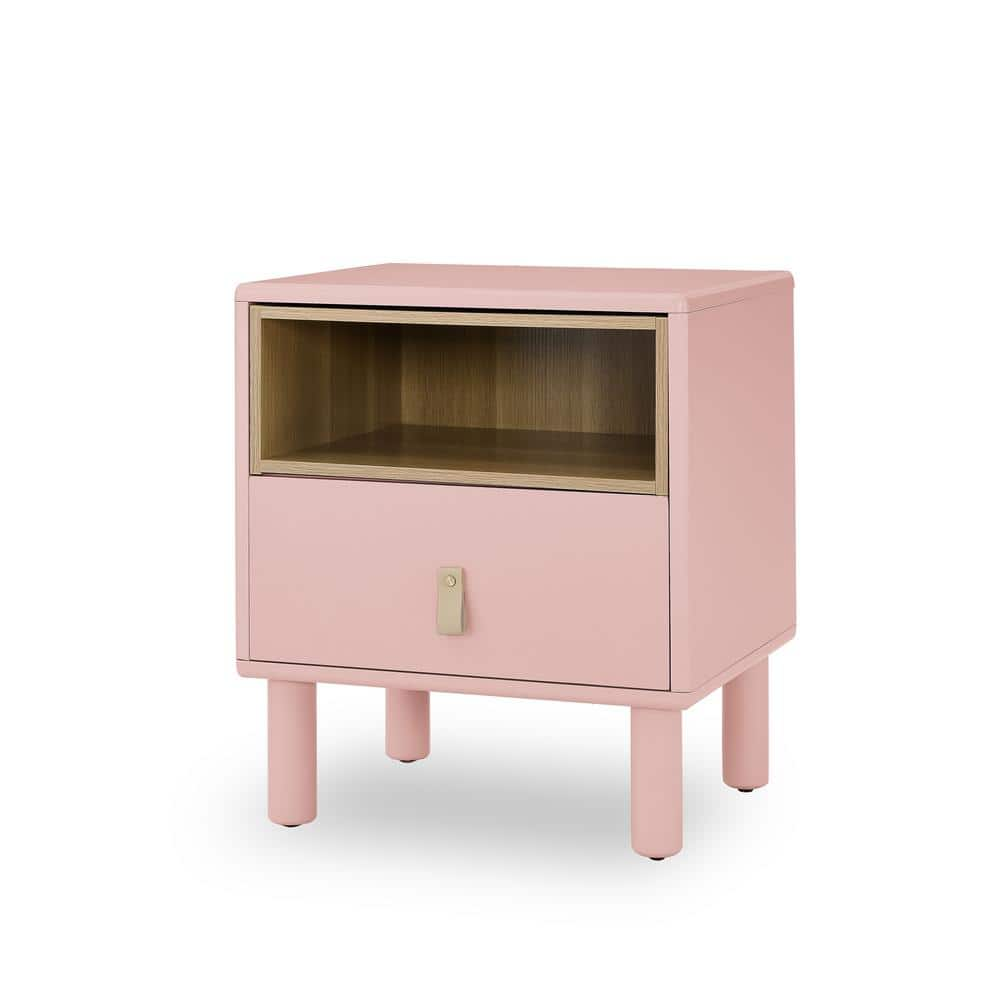 Wooden Single Drawer Bedside Table, Compact Side Table, Nordic Style Storage Cabinet-Pink