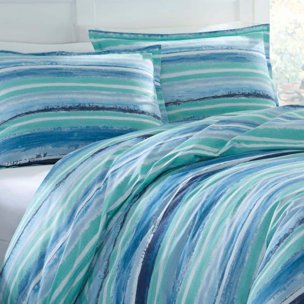 Alex 3-Piece Aqua Blue Striped Cotton Full/Queen Comforter Set