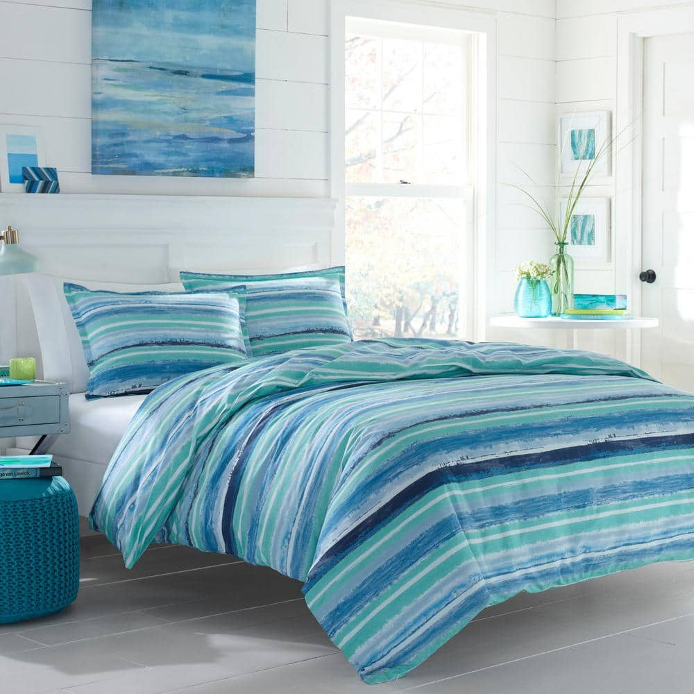 Alex 3-Piece Aqua Blue Striped Cotton Full/Queen Comforter Set