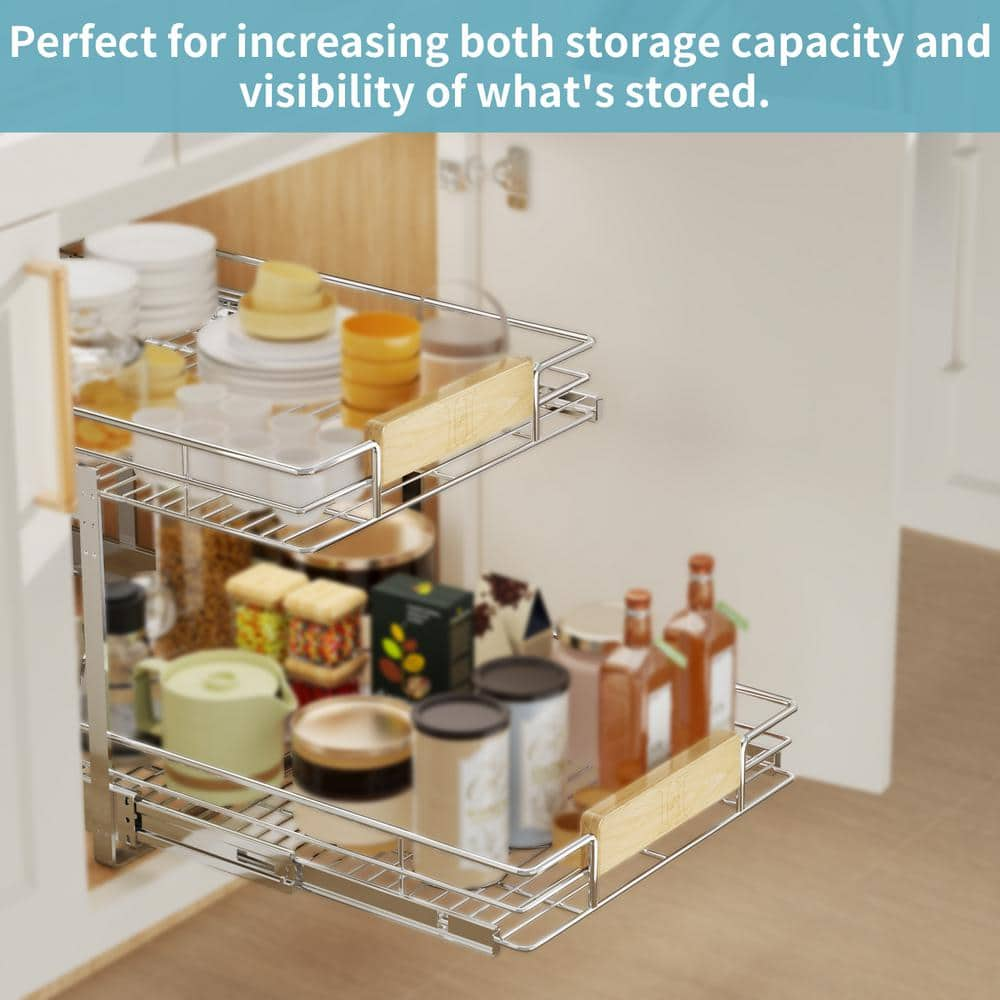 Space Saver Silver Metal Pull-Out Organizer for Kitchen Wooden Handle Slide Out Storage