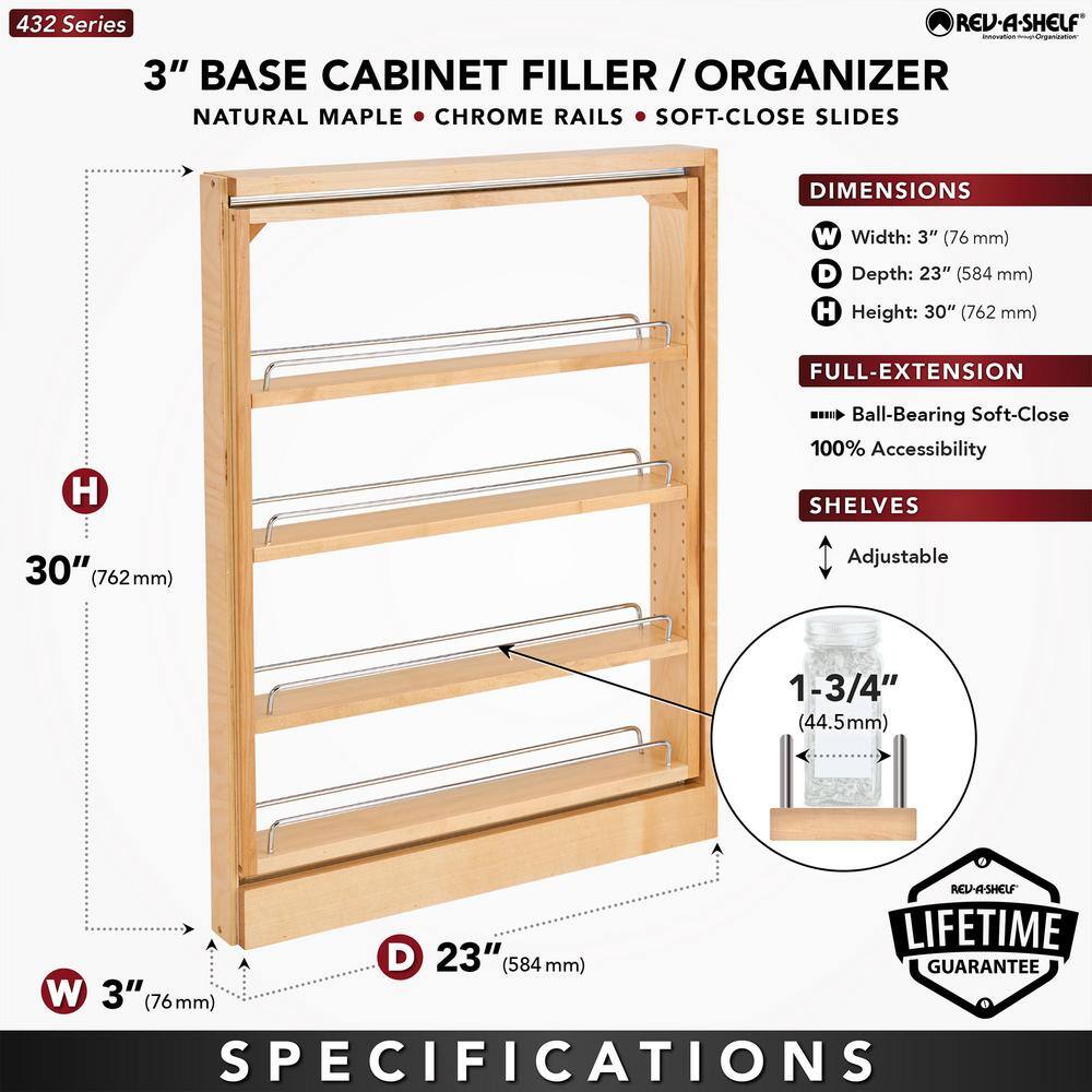 Maple 3 in. Pull-Out Base Filler Cabinet Rack with Soft-Close