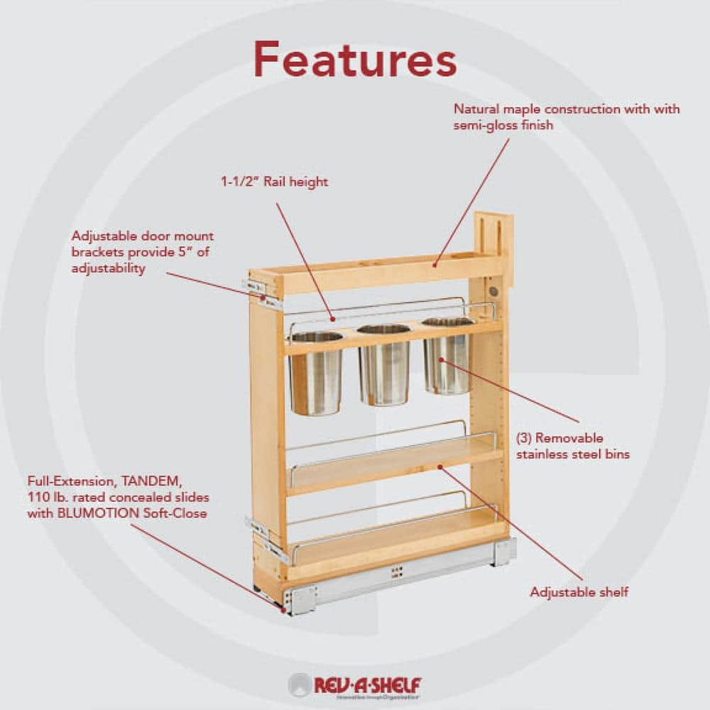 Natural Maple 5″ Pull Out Kitchen Cabinet Organizer w/ Soft-Close