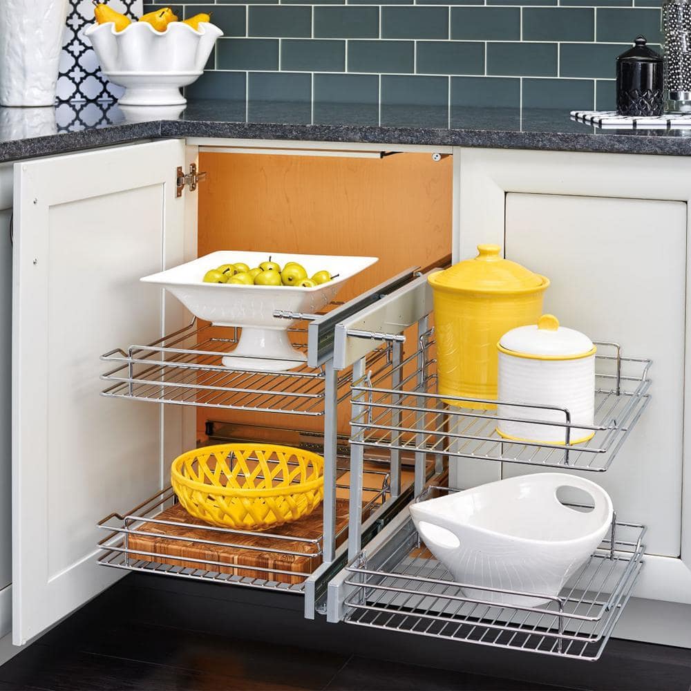 Silver 15 in. Blind Corner Kitchen Cabinet Organizer w/Soft Close