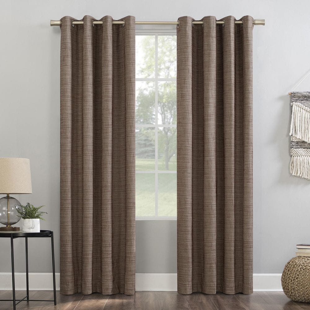 Kline Burlap Weave Thermal 100% 52 in. W x 96 in. L Blackout Grommet Curtain Panel in Russet/Linen