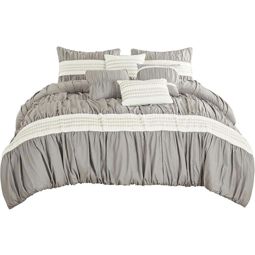 7-Piece Grey Luxury Micro Striped Microfiber Polyester King Comforter Set