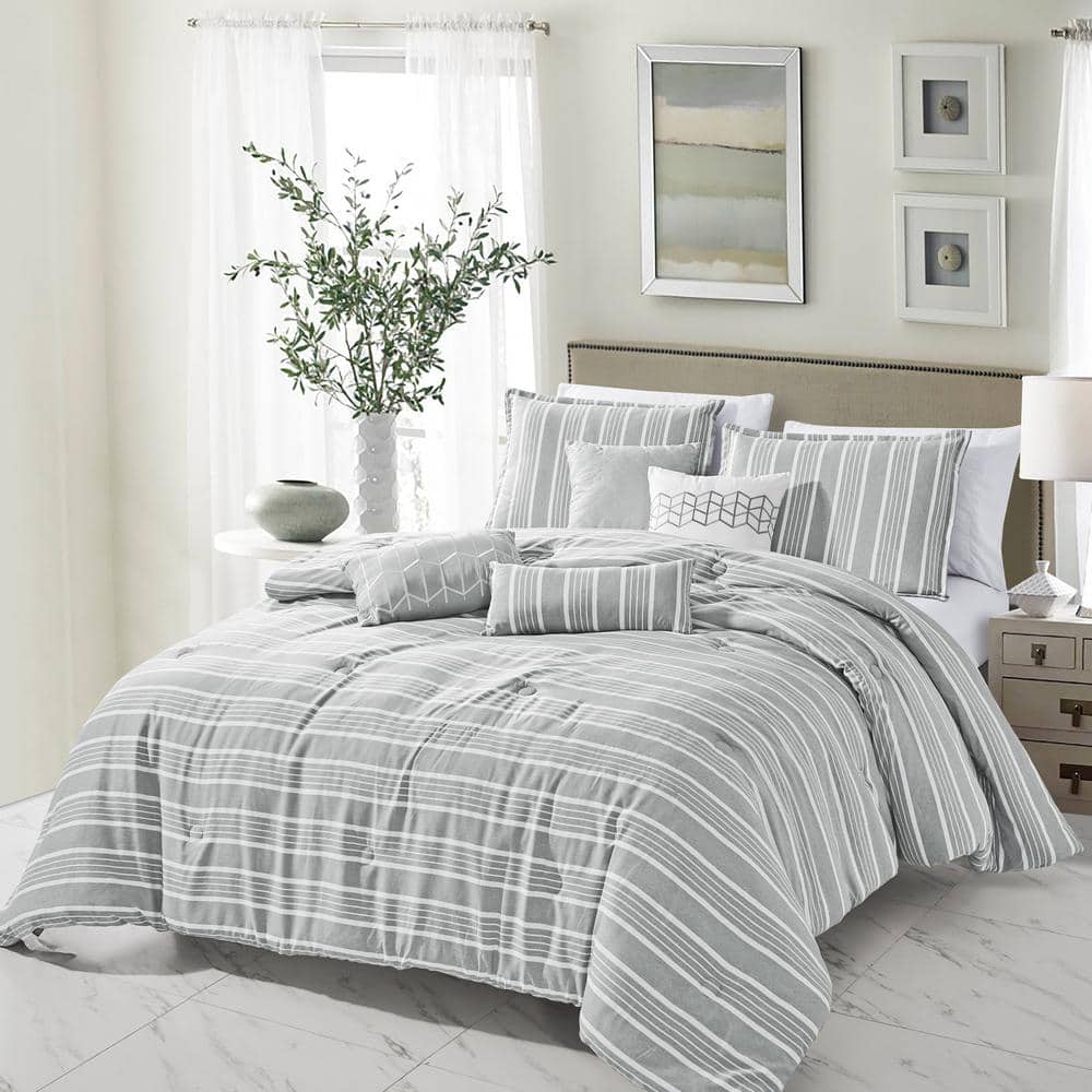 7 Piece Gray Luxury Bedding Sets – Oversized Bedroom Comforters , Queen