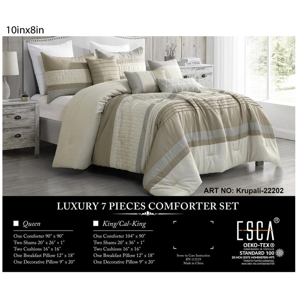 7-Piece Khaki Microfiber Polyester Stitching King Comforter Set