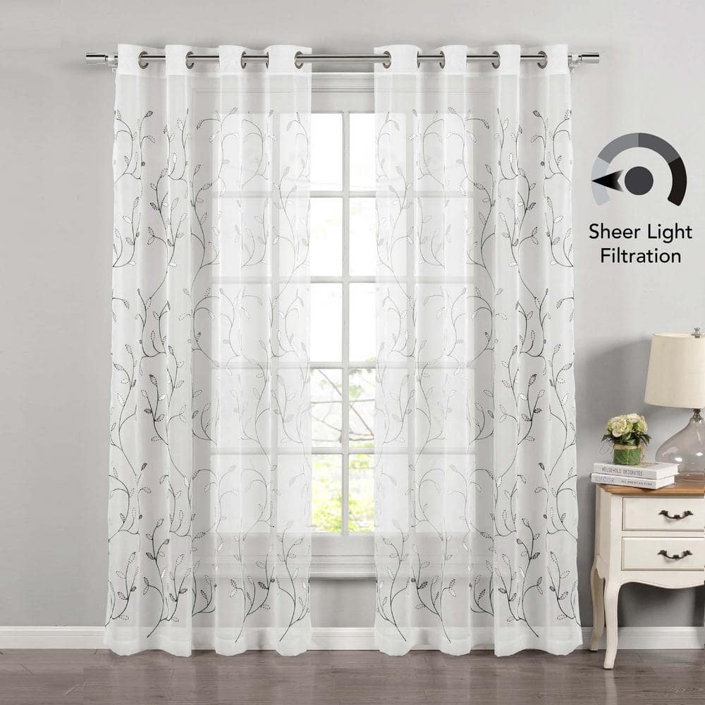 Wavy Leaves 54 in. W x 84 in. L Faux Linen Sheer Grommet Window Panel in Silver Grey