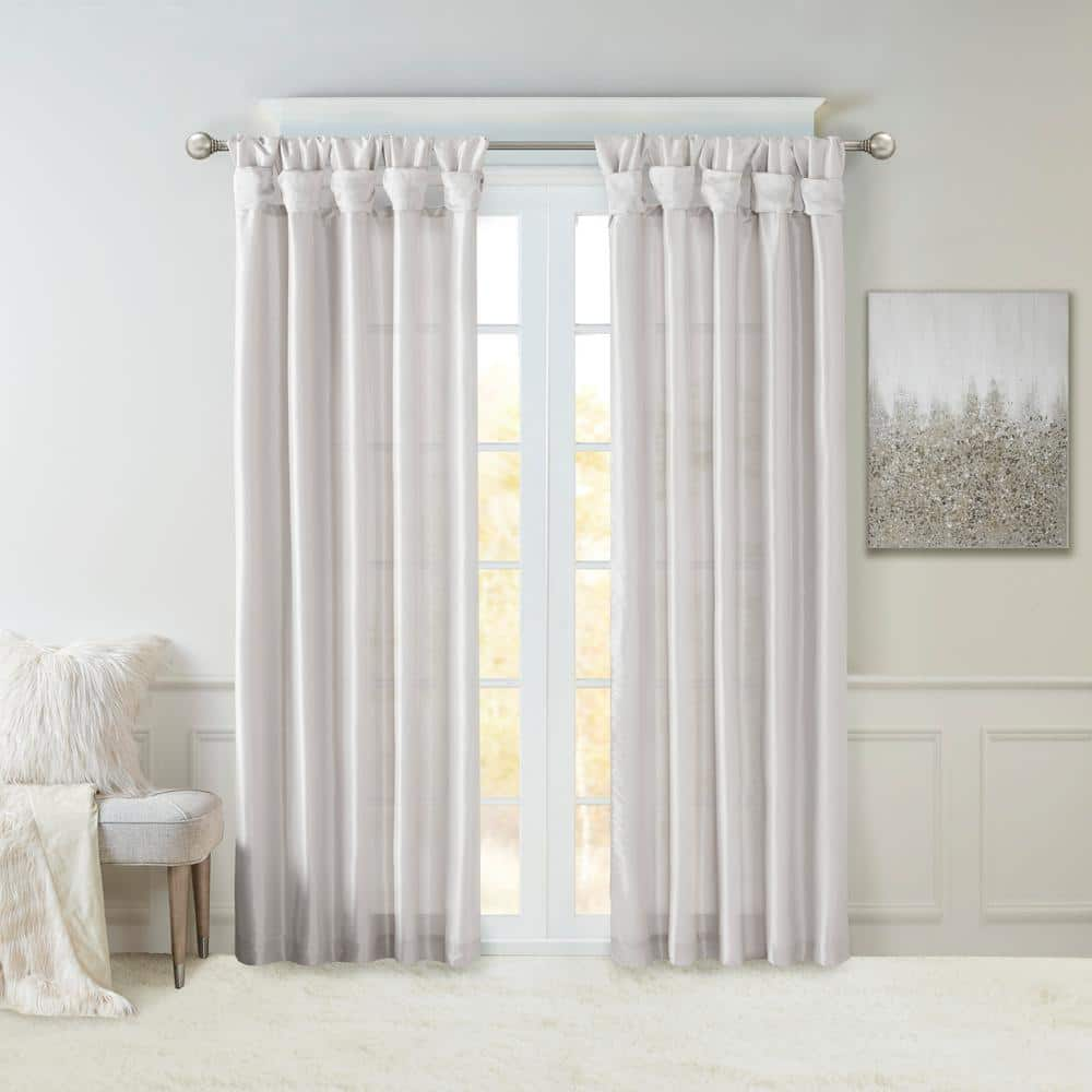 Natalie Silver Solid Polyester Faux Silk 50 in. W x 95 in. L Room Darkening Twisted Tab Curtain with Lining