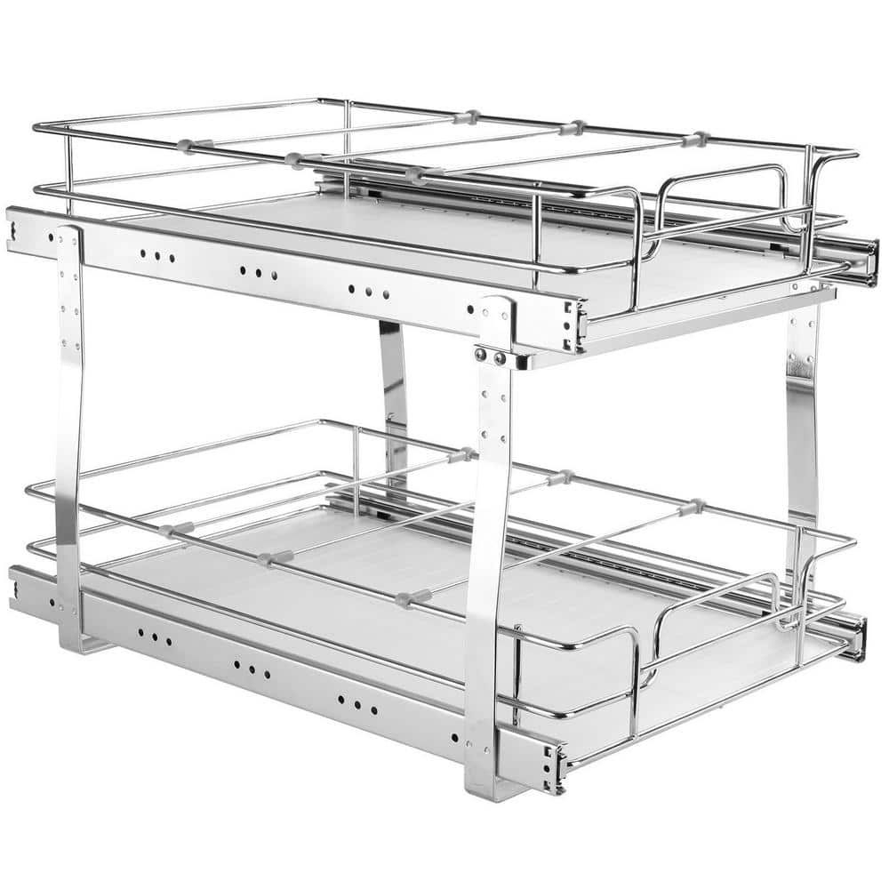 2-Tier 13 in. W x 21 in. D Silver Chrome-Plated Steel Roll Out Cabinet Organizer, Heavy Duty Slide Out Pantry Shelves