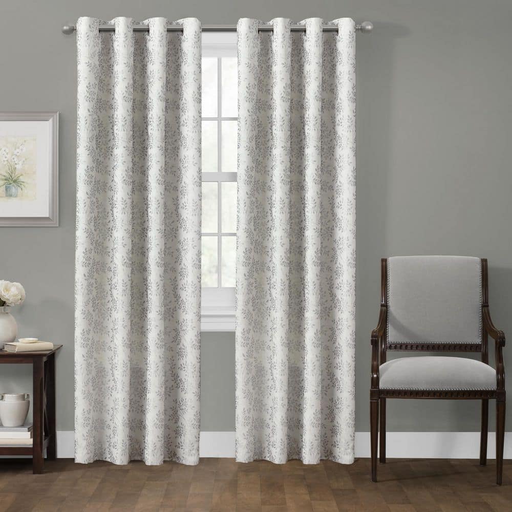 Silver Floral Thermal Grommet Blackout Curtain – 50 in. W x 84 in. L