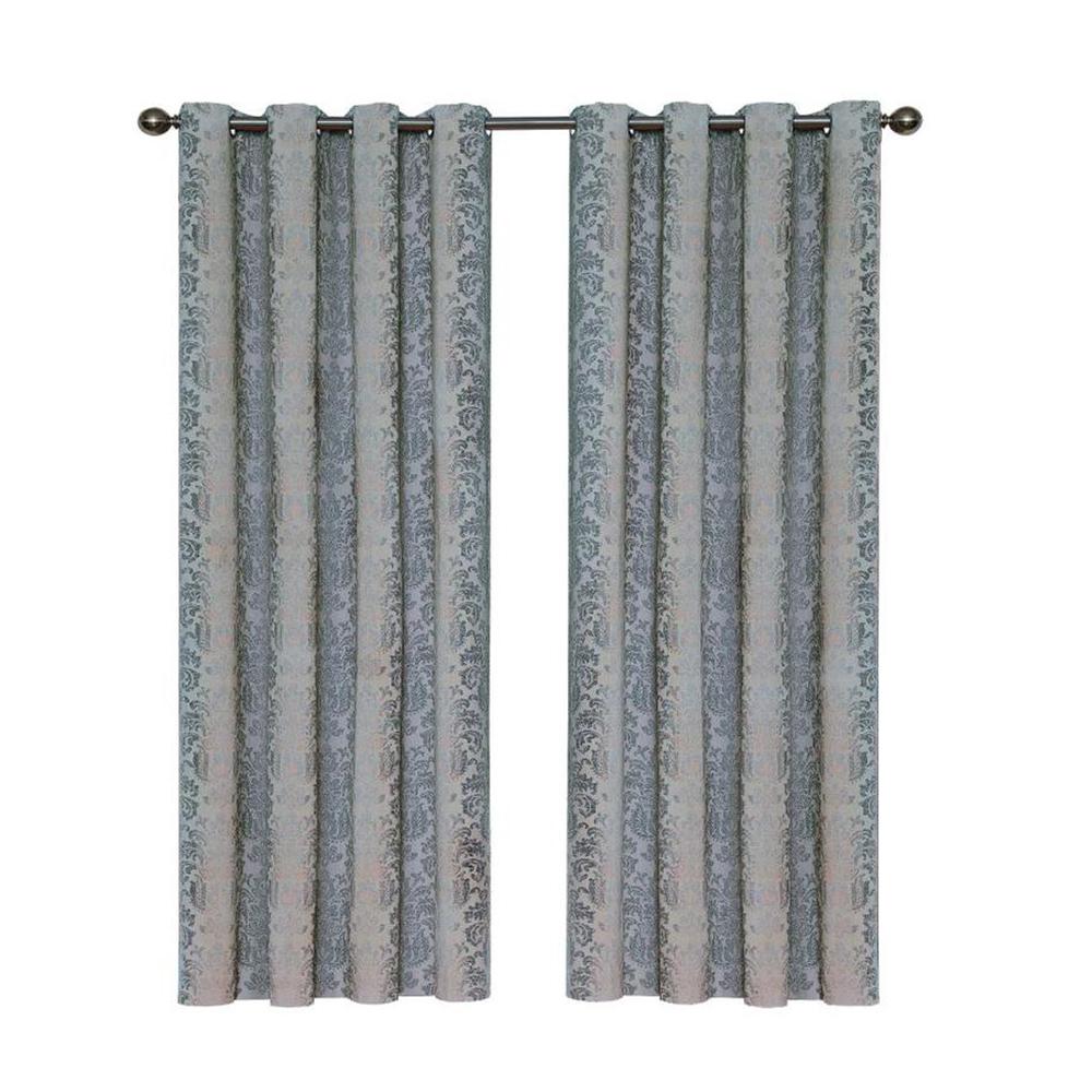 Nadya Damask Thermalayer Smokey Blue Damask Pattern Polyester 52 in. W x 108 in. L Blackout Single Grommet Curtain Panel