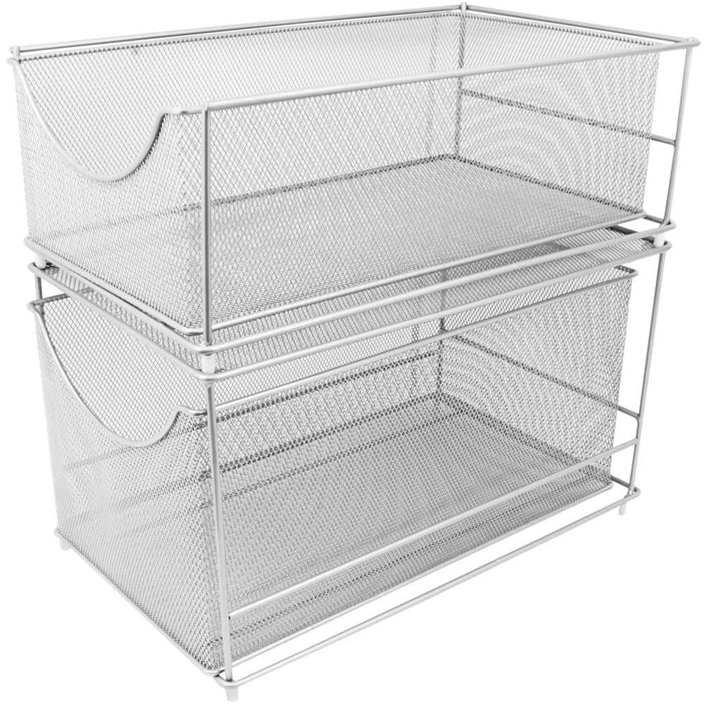 2 Piece Storage Organizer Silver Metal Mesh Pull-Out Organizer