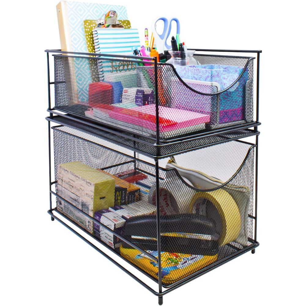 2 Piece Storage Organizer Black Metal Mesh Pull-Out Organizer