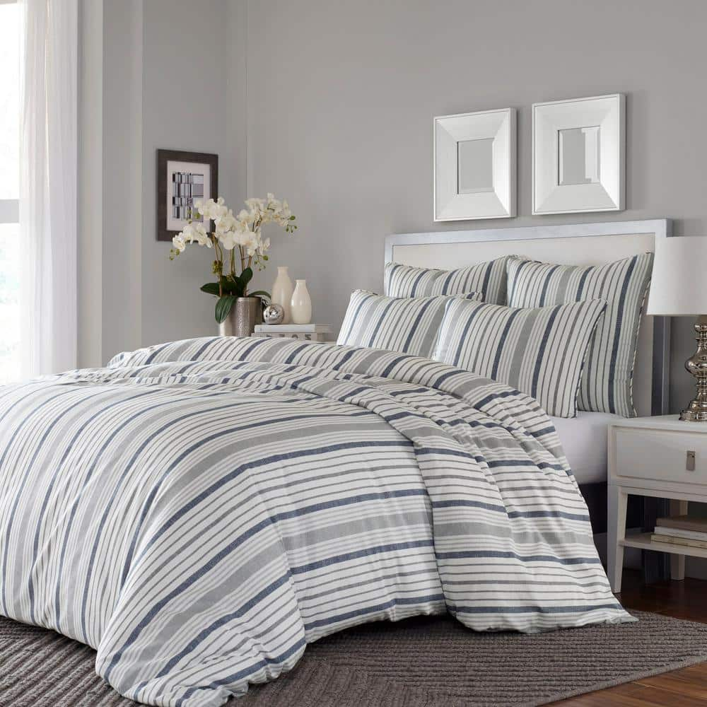 Conrad 3-Piece Gray and Slate Blue Striped Cotton Full/Queen Comforter Set