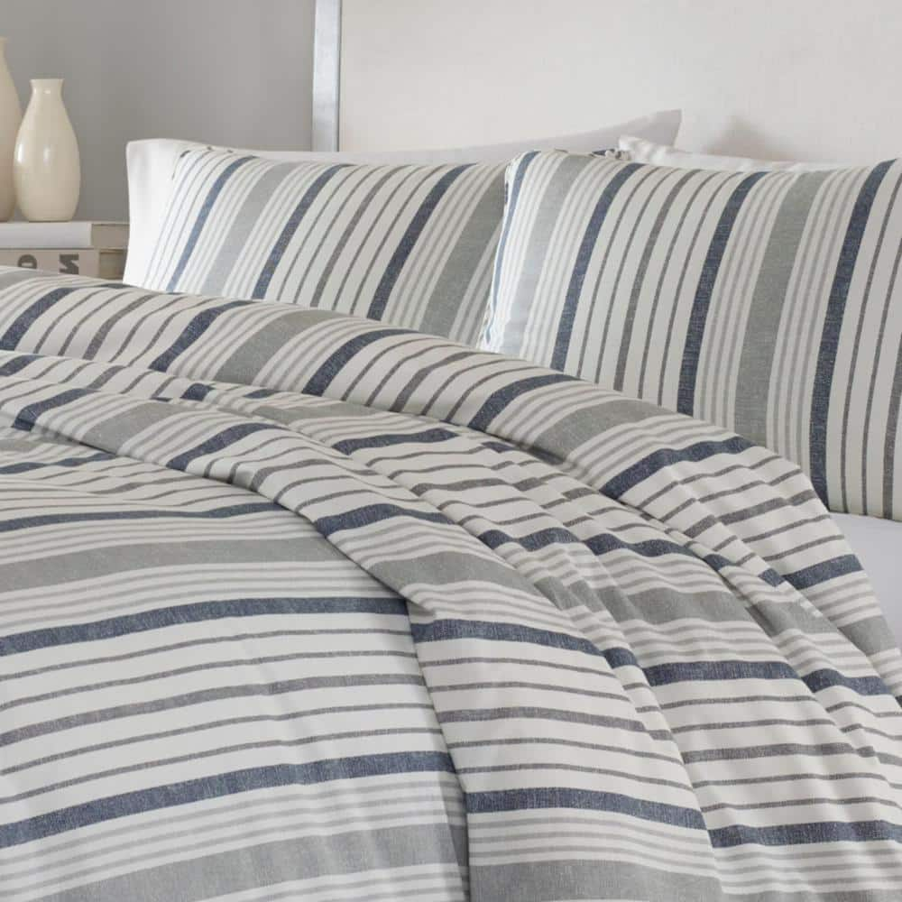 Conrad 3-Piece Gray and Slate Blue Striped Cotton Full/Queen Comforter Set