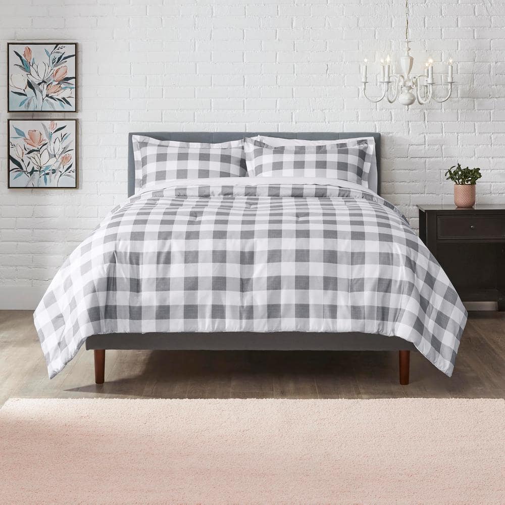 Tatefield 2-Piece Stone Gray Reversible Gingham Twin Comforter Set