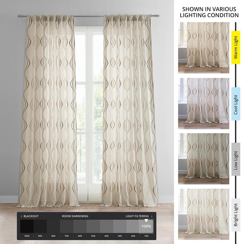 Suez Bronze Striped Embroidered Rod Pocket Sheer Curtain 50 in. W x 96 in. L (Panel 1)