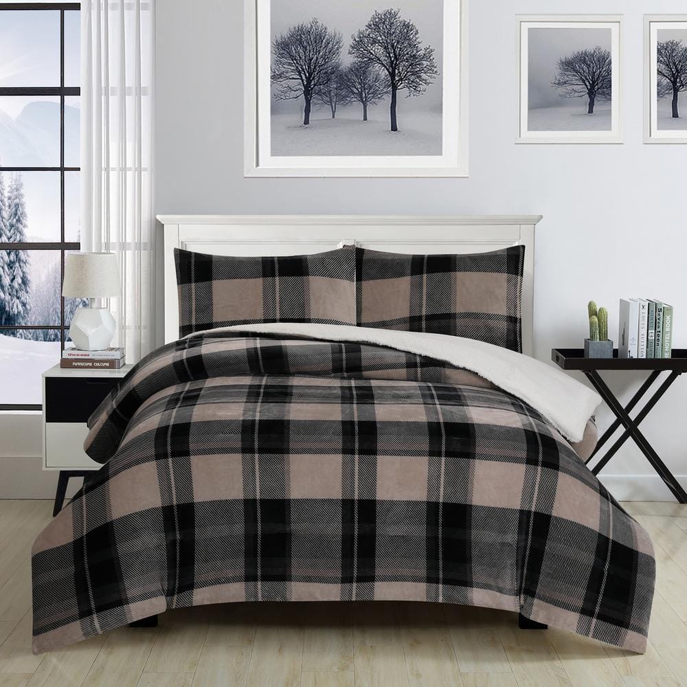 Premium Cold Weather Reversible Pinted Flannel Plush and Sherpa Down-Alternative 3-Piece Comforter Set