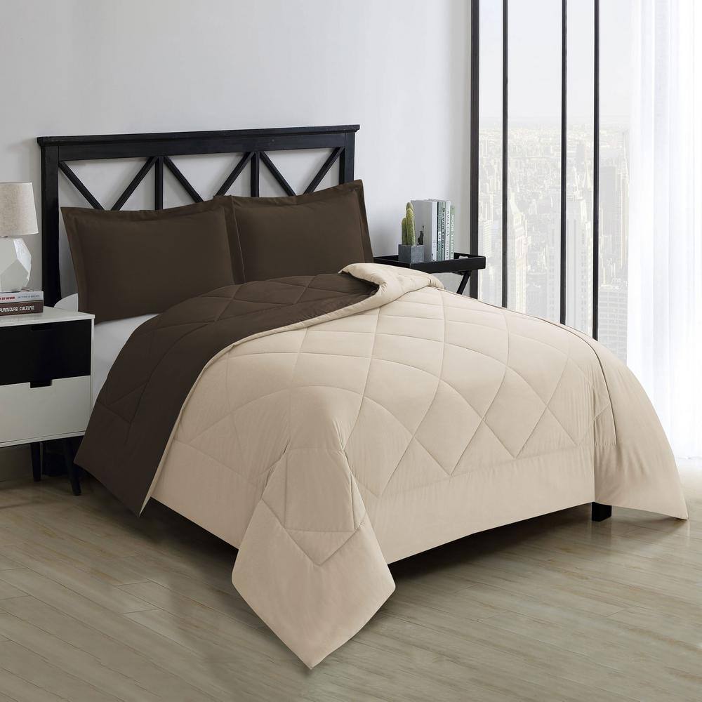 Swift Home 2-Piece Chocolate/Cream All-Season Reversible Microfiber Twin Down-Alternative Comforter Set