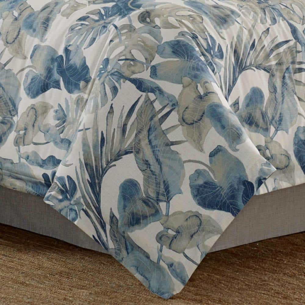 Raw Coast 4-Piece Medium Blue Botanical Cotton Queen Comforter Set