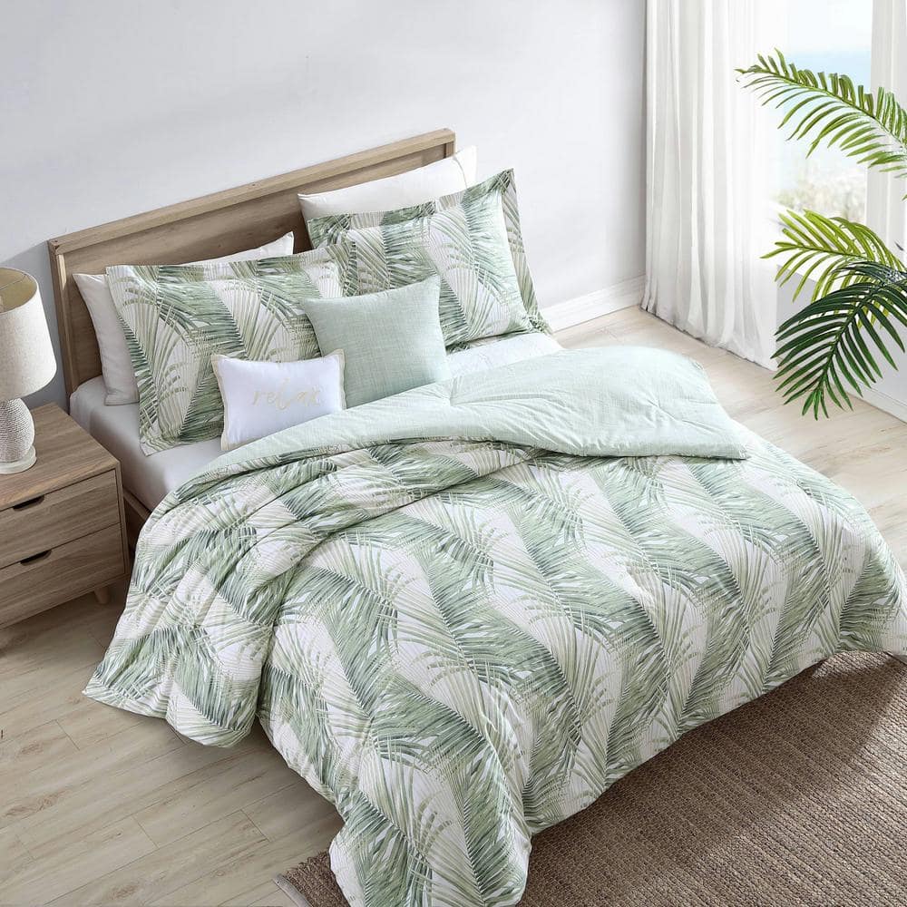 Kauai 5-Piece Green Botanical Cotton Full/Queen Bonus Comforter Set