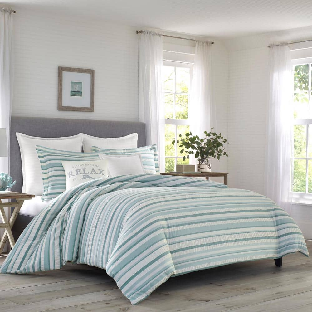 Clearwater Cay 3-Piece Blue Striped Seersucker Cotton King Comforter Set