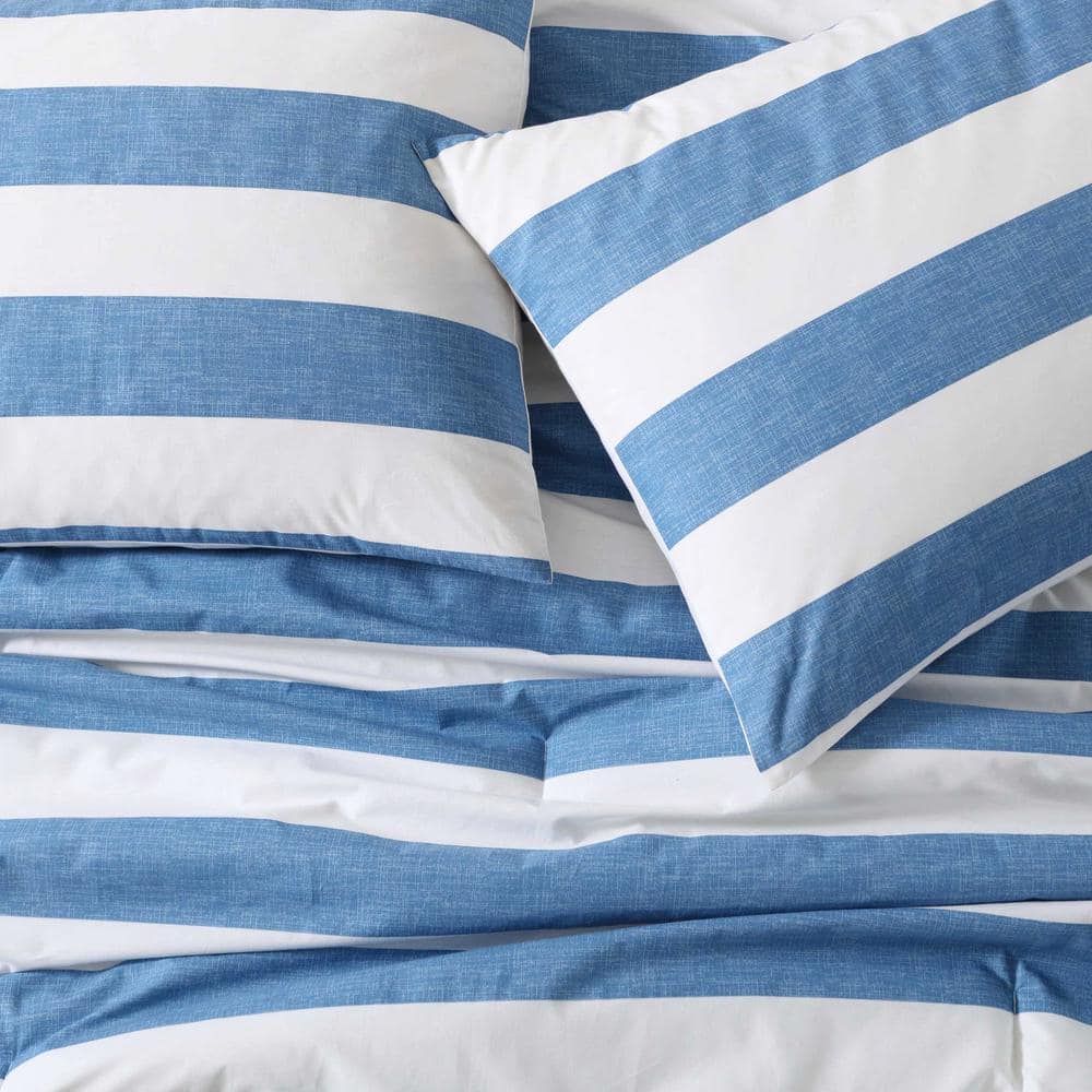 Awning Stripe 3-Piece Blue 100% Cotton Full/Queen Comforter Set