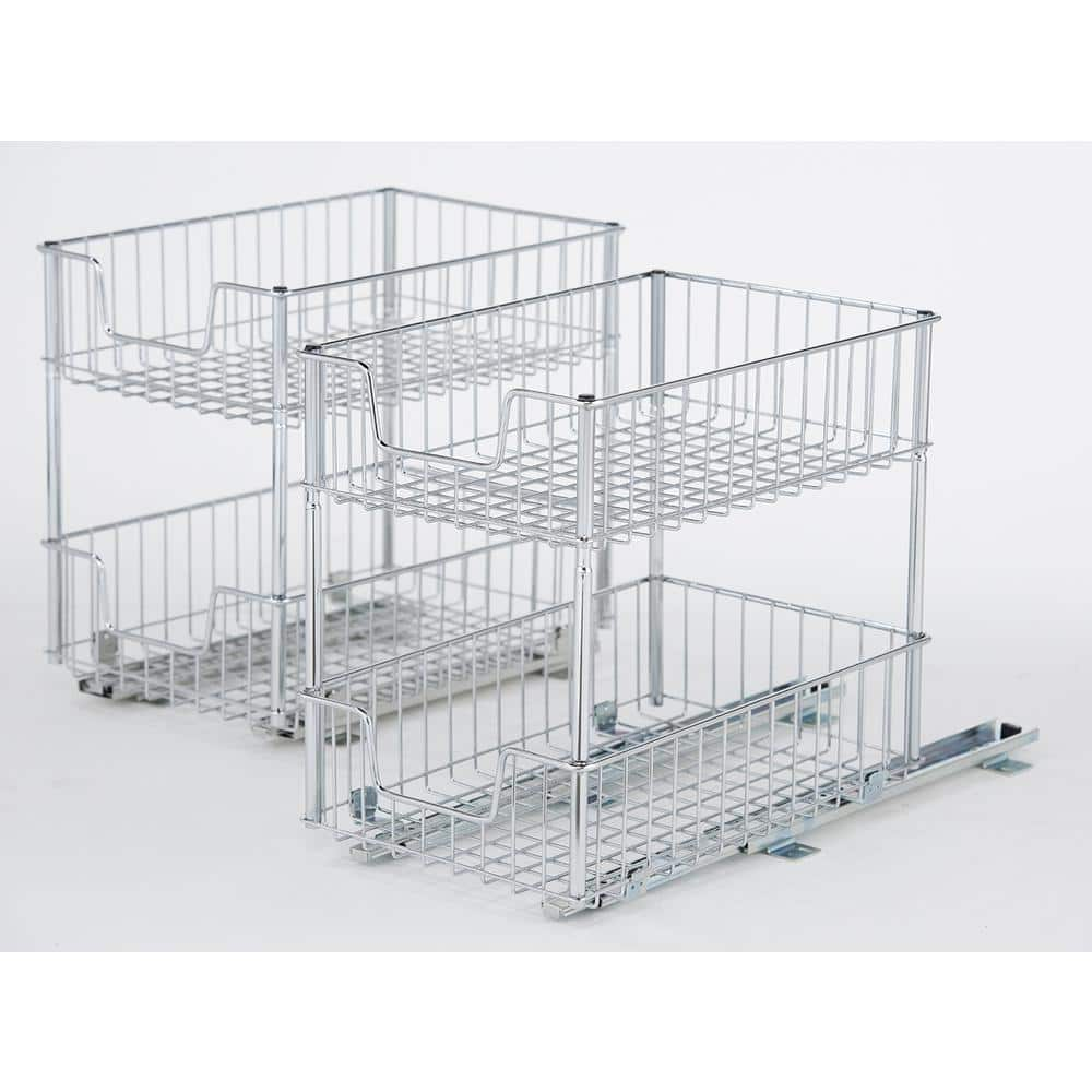 11.5 in. W x 17.75 in. D x 16.5 in. H Chrome Wire in Cabinet Pull-Out Bottom Mount 2-Tier Drawer – (2-Pack)