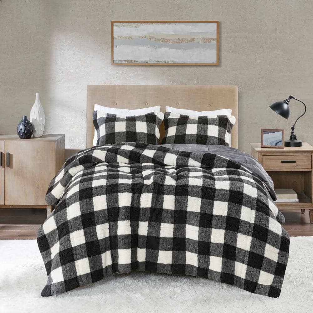 Mason Extra Warmth 3-piece Ivory/Black King Print Sherpa Down Alternative Comforter Set