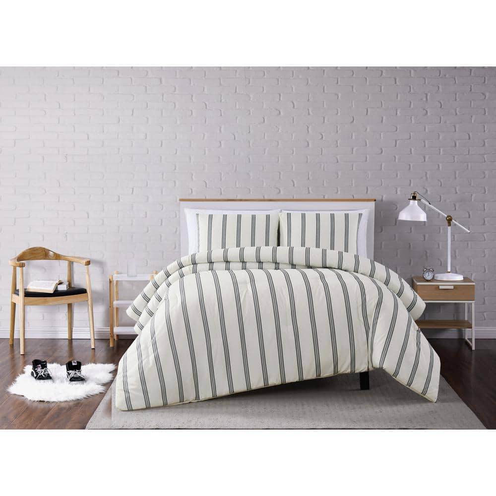 Millennial Stripe Ivory and Black Full/Queen 3-Piece Comforter Set