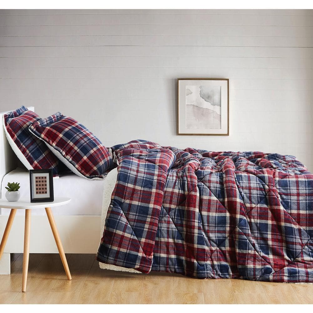 Cuddle Warmth Printed Plaid Blue and Red Full/Queen Comforter Set