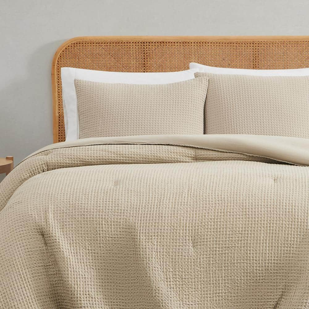 Textured Waffle Beige Full Queen 3-Piece Microfiber Comforter Set