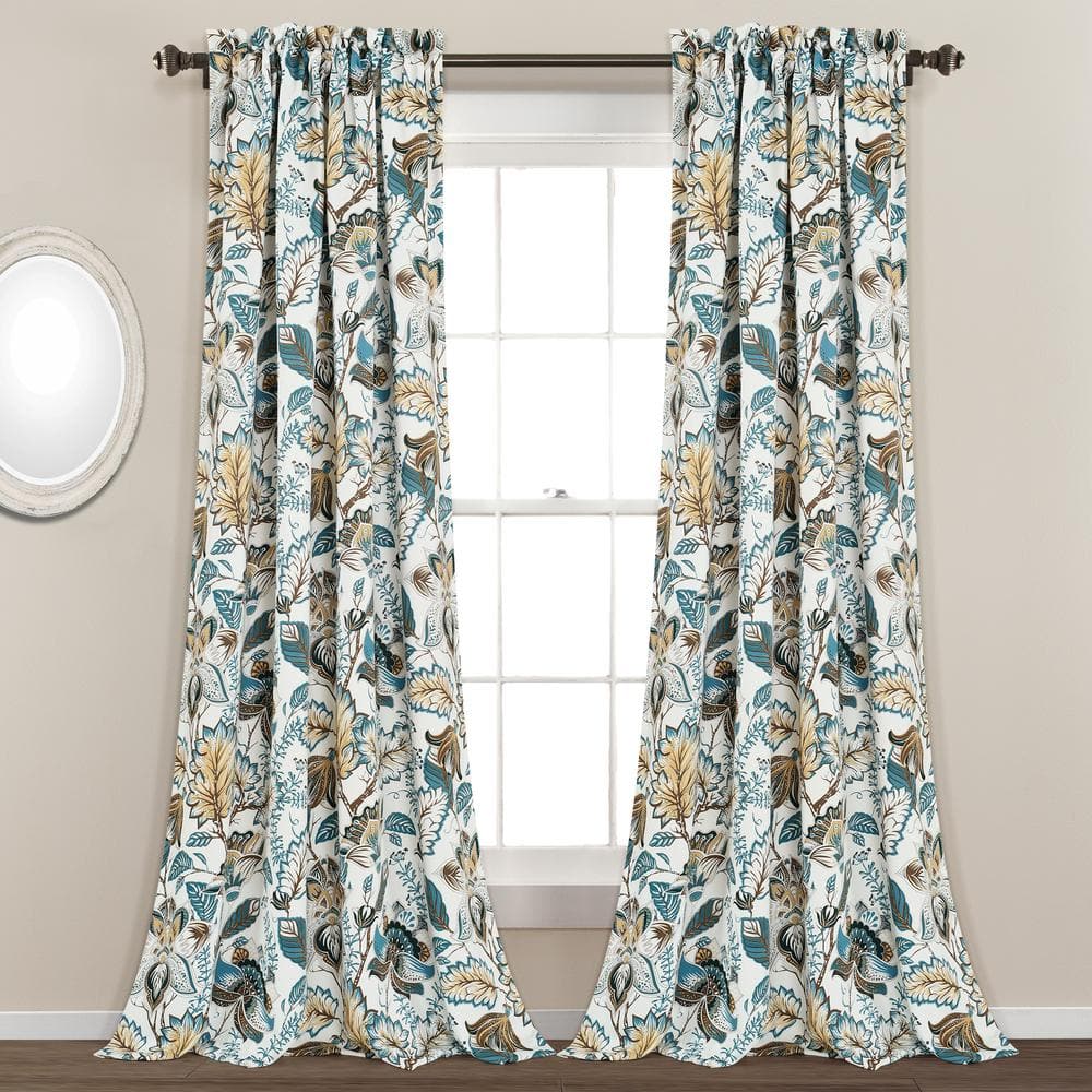 Turquoise/Neutral Floral Rod Pocket Room Darkening Curtain – 52 in. W x 84 in. L (Set of 2)