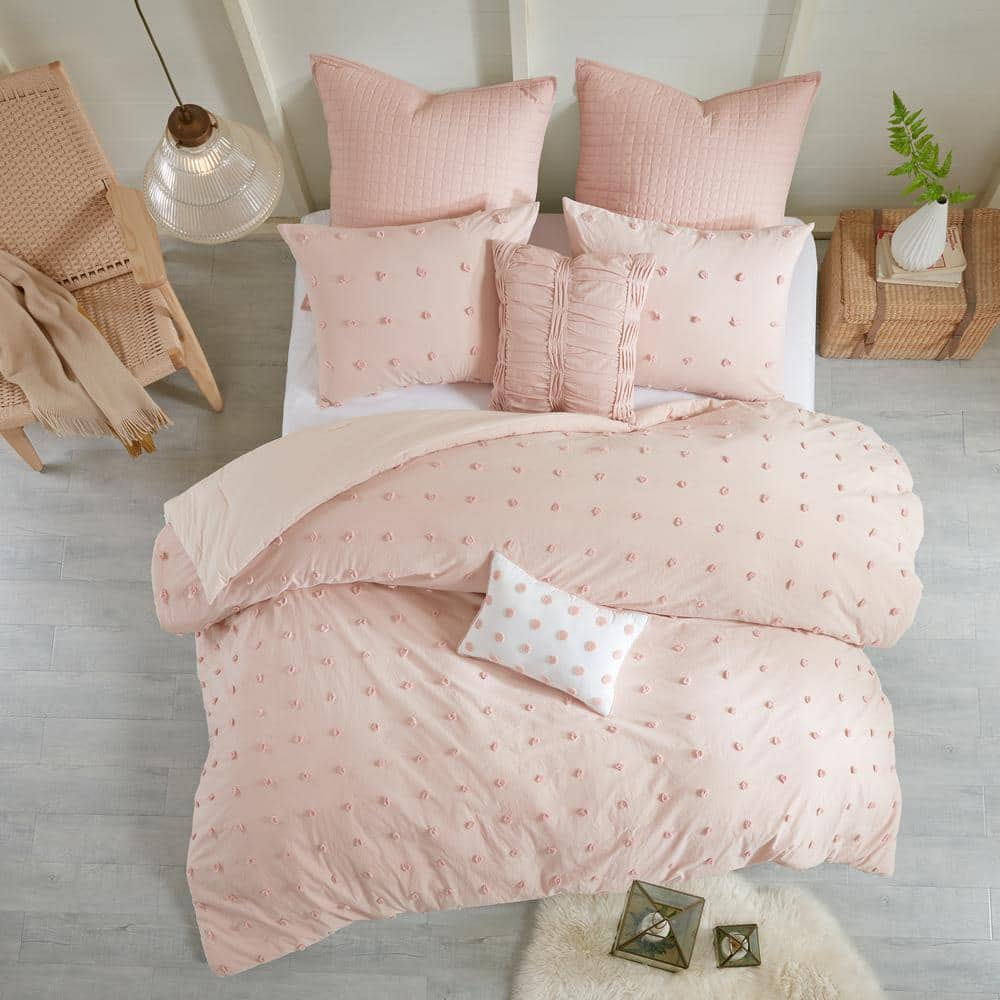 Maize 7-Piece Pink Full/Queen Cotton Jacquard Comforter Set with Euro Shams and Throw Pillows