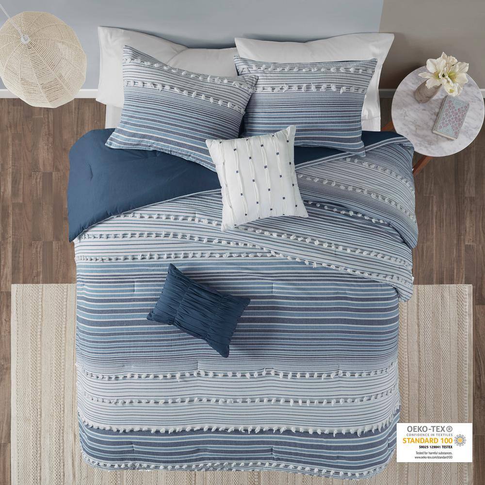 Charlie 5-Piece Navy Stripes and Plaids Cotton Jacquard Full/Queen Comforter Set