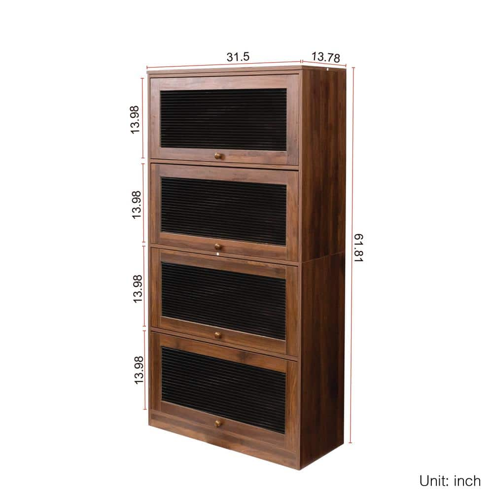 Walnut Brown Wood Pantry Organizer, Storage Cabinet Floor-to-Ceiling Low Cabinet with Glass Doors