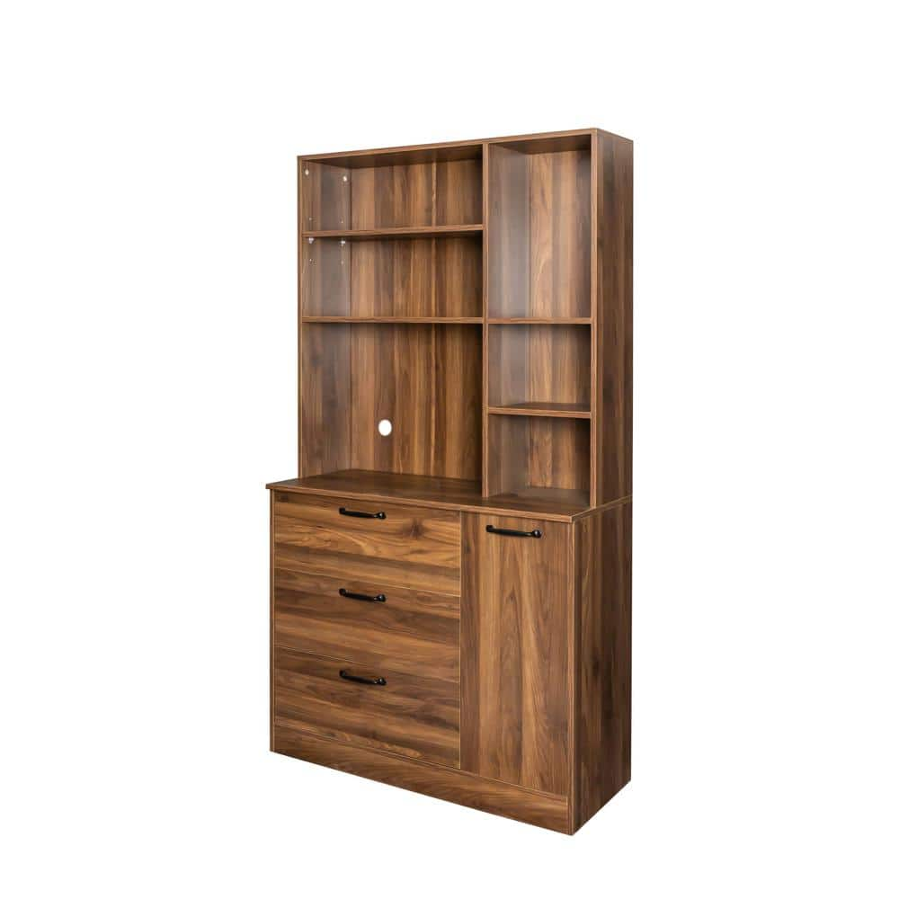 70.87 H Walnut Large Kitchen Pantry Storage Cabinet with Drawers and Open Shelves Freestanding Cupboard Buffet Cabinet