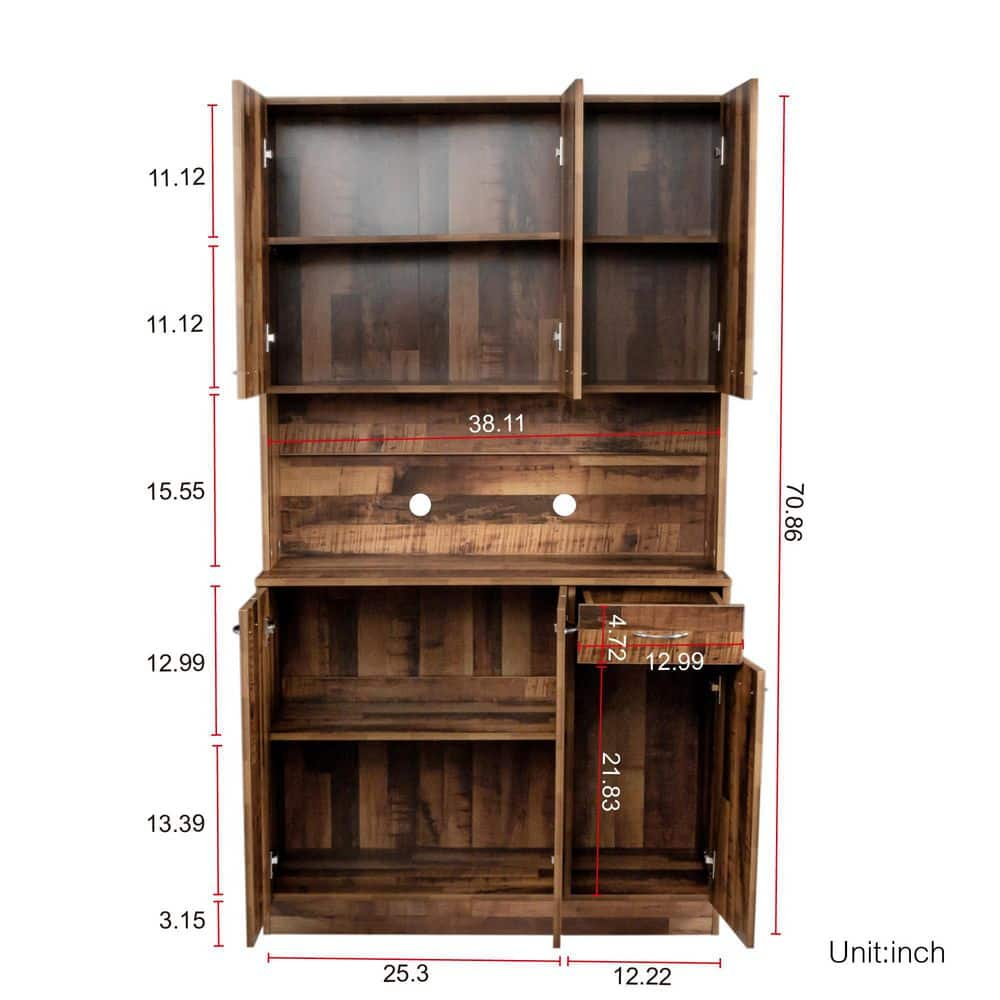 70.87 in. Walnut Wood Pantry Organizer Tall Wardrobe and Kitchen Cabinet with 6-Doors 1-Open Shelves and 1-Drawer