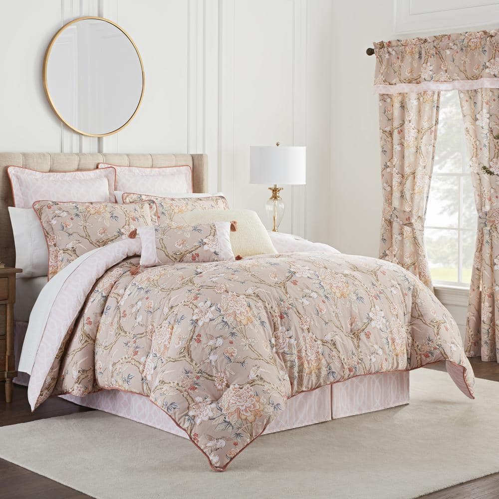 Mudan 4-Piece Beige Floral Cotton Queen Comforter Set