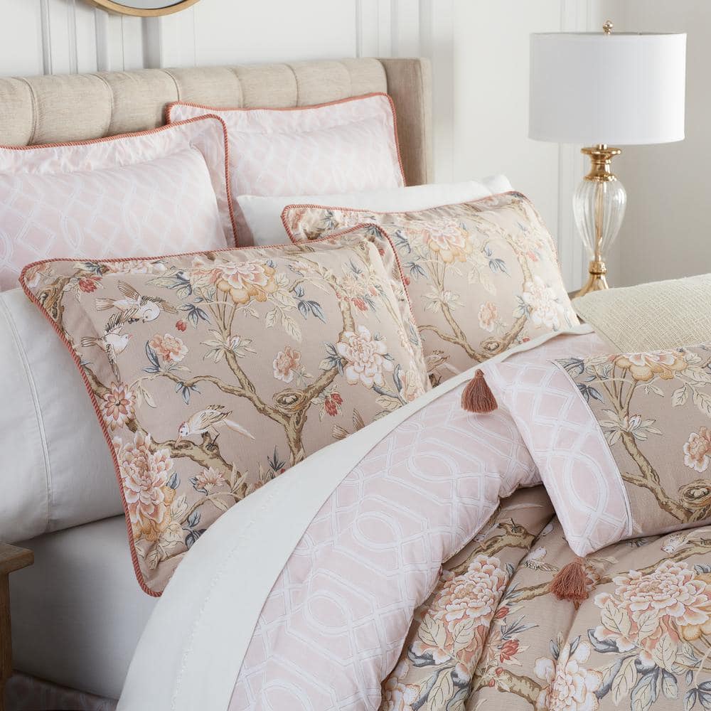 Mudan 4-Piece Beige Floral Cotton Queen Comforter Set