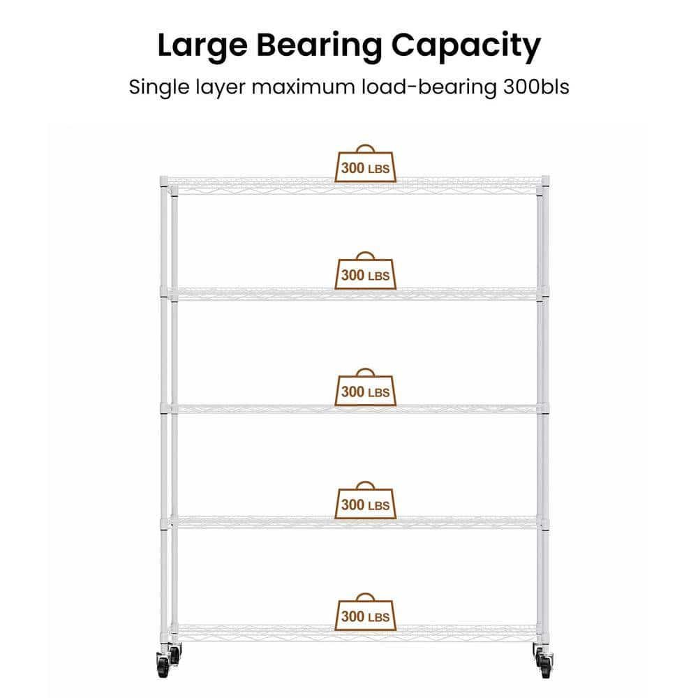 Heavy Duty 5-Shelf White Adjustable Rack with Adjustable Feet and Mobile Wheels