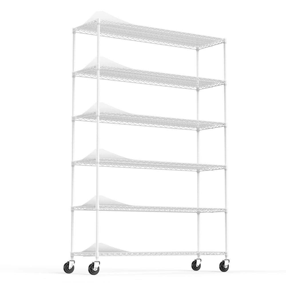 6-Tier White Heavy Duty Storage Wire Rack with Wheels, 6000 lbs. NSF Height Adjustable Metal Garage Storage Rack